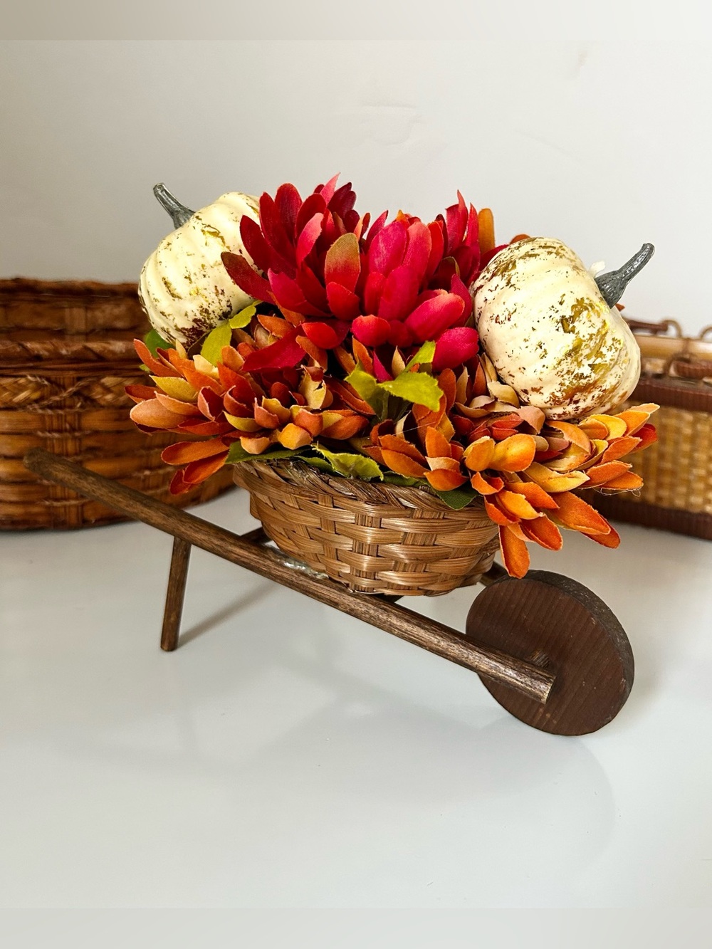 Vintage Wheelbarrow Decor With Mums and Pumpkins